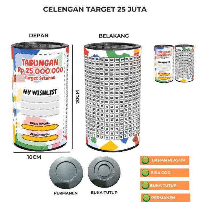 Celengan Target 20 juta 50k Setahun XL Plastik Permanen Buka Tutup Karakter Wishlis Bisa Cod Celenga