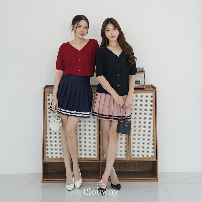 DISKON CLOUWNY STRIPES TENNIS SKIRT ROK WANITA KOREA MODERN KOREAN PREMIUM KNITT PENDEK PINK MINI PA