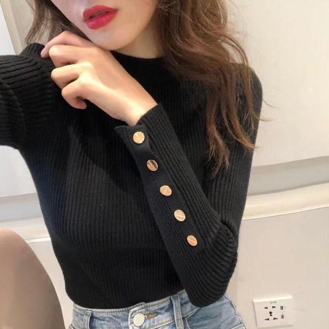 Atasan Rajut Inner Jumbo 7017-2 dengan Kancing Aktif - Knitwear, Wanita  Oversize Baju