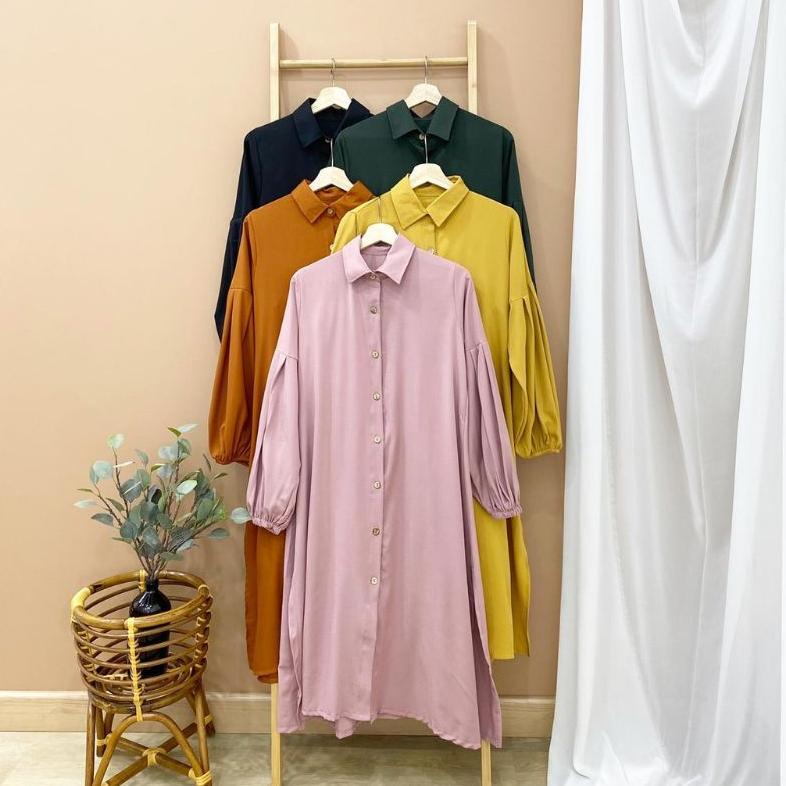 Tunik Kemeja Jumbo Wanita Lengan Balon 2022 Polos Panjang Putih Size L XL XXL Bahan Shakila Bottega 