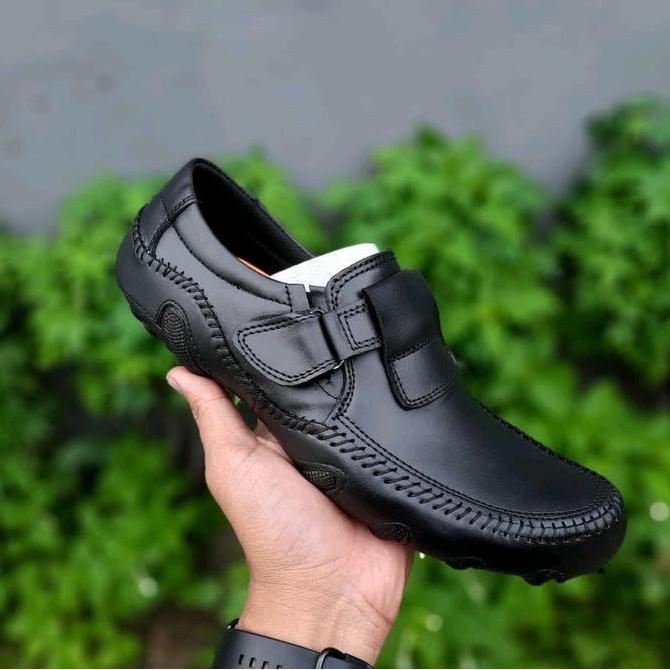 Sepatu Pantofel Slip On Formal Kasual Pria Model Pengait Velcro dan Biasa Bahan Kulit Asli Premium F