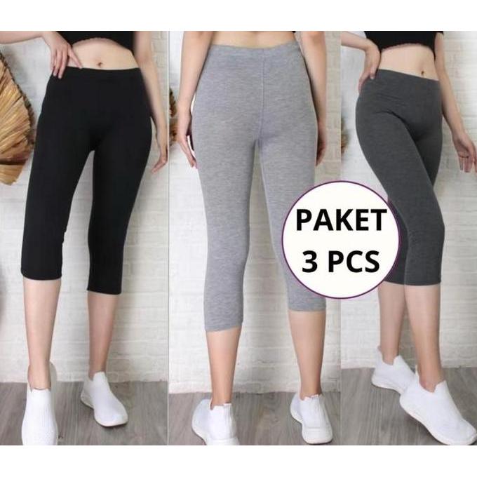 PAKET LEGGING KAOS 3 PCS 3/4 Pendek Celana Legging Kaos Fit Lembut Standar Nyaman Stretch Panjang Ba