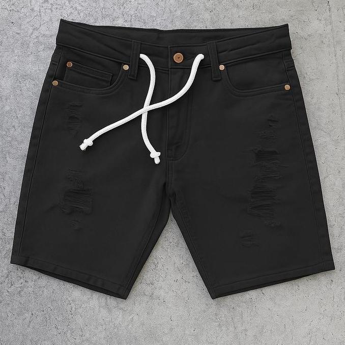 CELANA PENDEK DISTRO // CELANA PENDEK PRIA // CELANA PENDEK JEANS SOBEK TALI KOLOR Dewasa Hitam  Cow