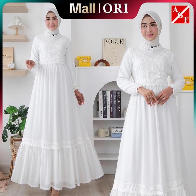 Agnes Hijab - Jihan Dress Gamis Putih Lebaran 2026 Terbaru Gaun Pesta Mewah Simple Elegan Baju Musli
