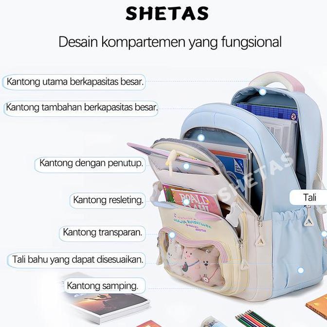 SHETAS Backpack Lucu Telinga Kucing Kapasitas Besar + Pouch Besar Tas Ransel Sekolah SMA & Kampus An