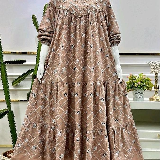Xyxy- Midi Salvina Dress Premium Wanita - Baju Busui Friendly Dengan Bahan Katun Bordir Bolong - Mid