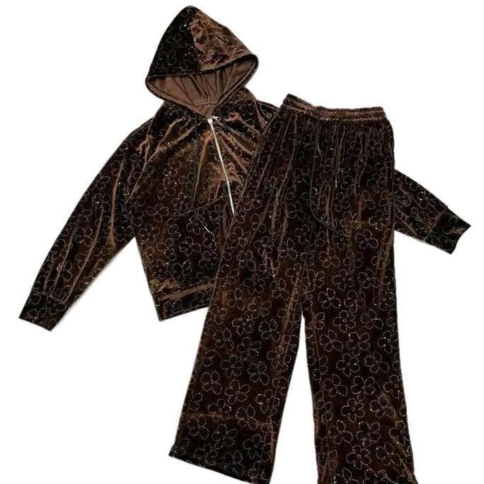 Sendtoday- Setelan Velvet Bludru Blink Jaket Kulot Wanita Nyaman