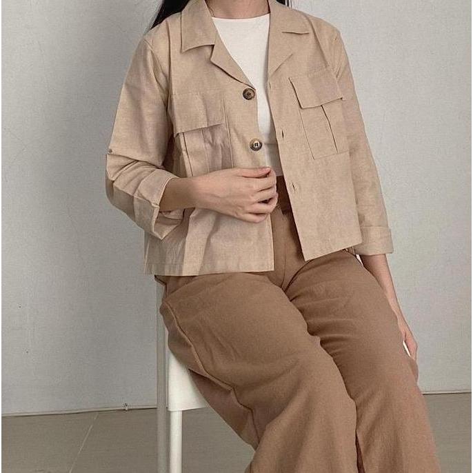 Fwbgy- Sivali Claryn Outer Linen Crop Version - Kemeja Linen - Atasan Wanita | Kardigan Saku 2289 Ka