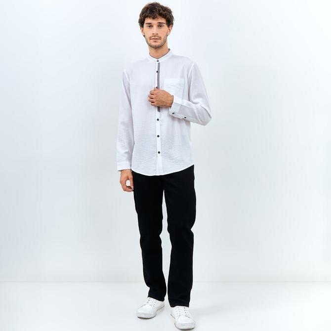 Uwouwo- Emba Denim - Naraya One Kemeja Koko Pria Lengan Panjang Polos Regular Baju Fit  Kancing Puti