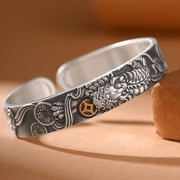 Gelang Plat Ukir Naga / Gelang Bangle Pria Motif Pixiu Koin Silver Gold Gaya Etnik / Dragon Bangle C