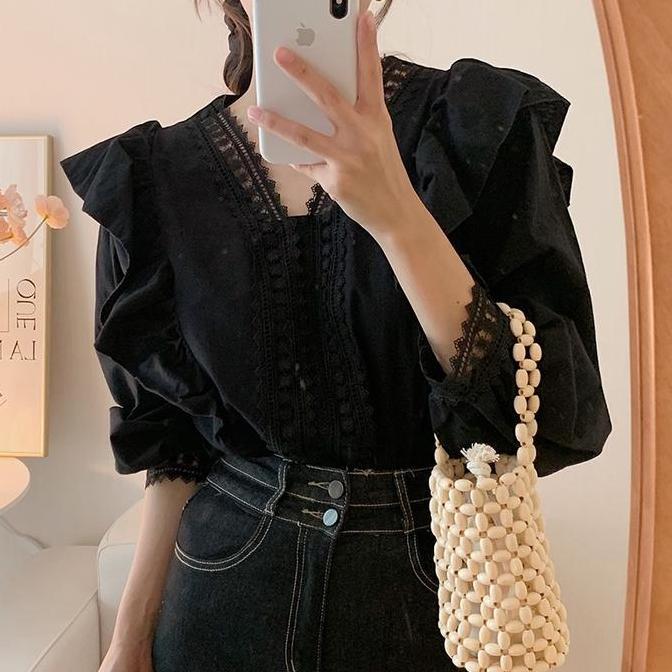 Bellastyle #Kemeja wanita V-neck renda renda manis dan ladylike, lengan panjang gaya istana atas unt