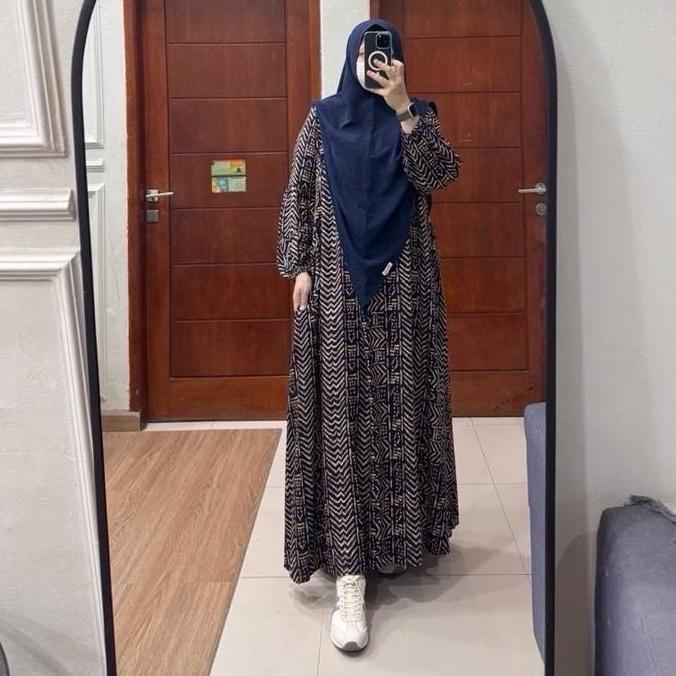 Tania Dress Gamis Rayon Viscose Busui Friendly Tanpa Hijab Manset Karet Tangan Semi Balon