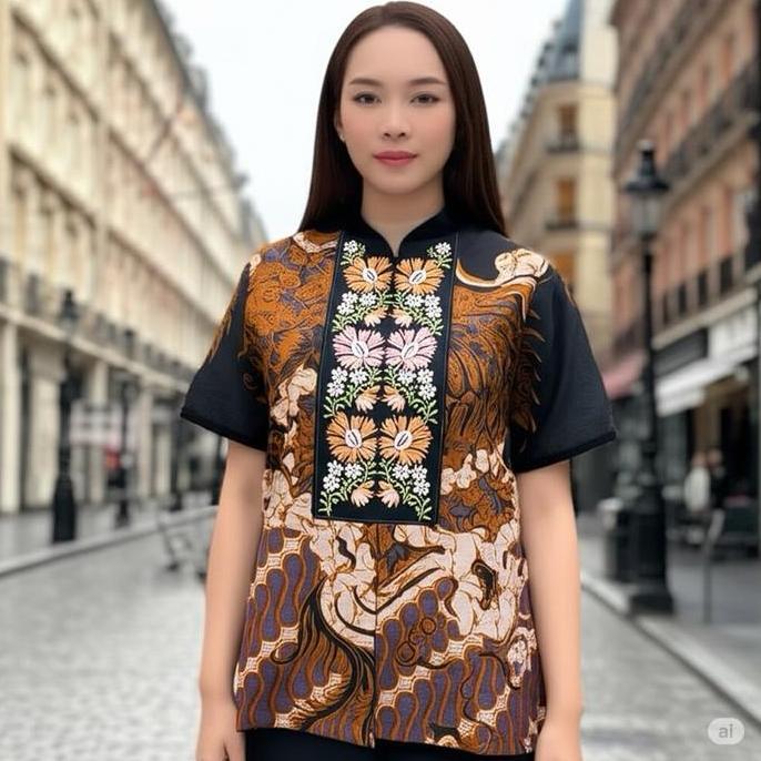 Grosir Atasan Batik Blouse Wanita Lengan Pendek Bordiran Premium Kain Katun Doby Elegan L Batik Cewe