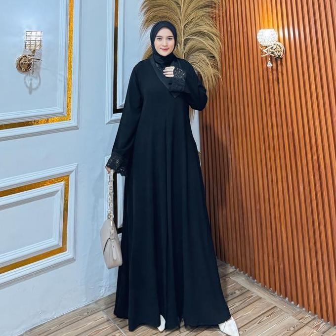 Murah Galeri Sicantik - Cod - Gamis Abaya Hitam Polos Renda Tangan Busui Bahan Jetblack Terbaru