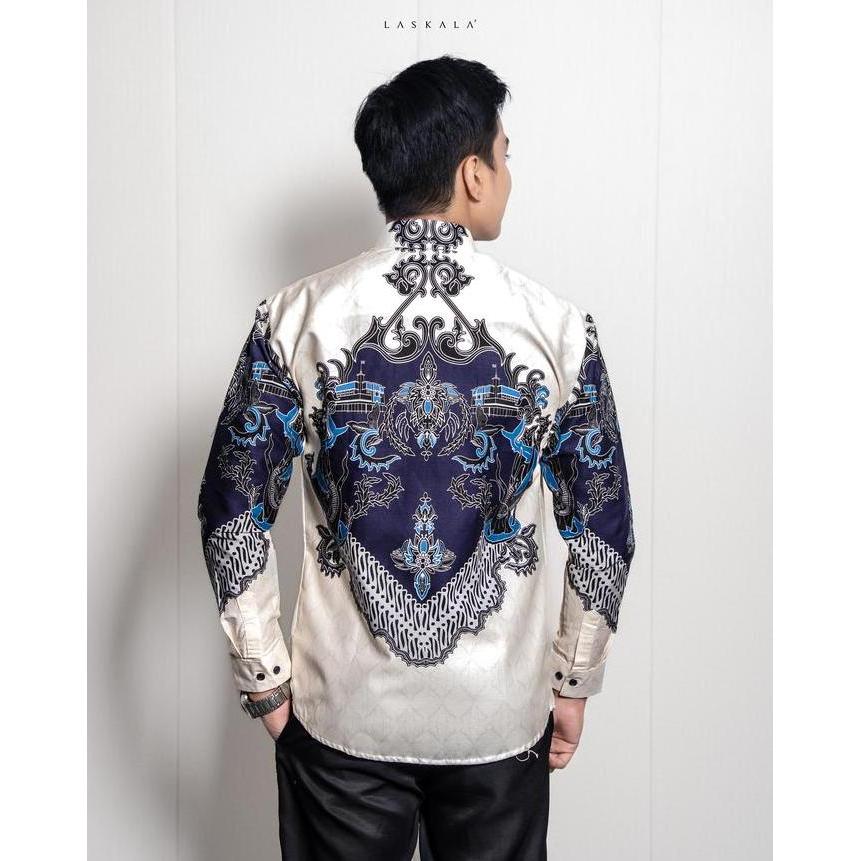 Murah Laskala Batik Premium Surabaya Cream Kemeja Batik Pria Slimfit Lengan Panjang