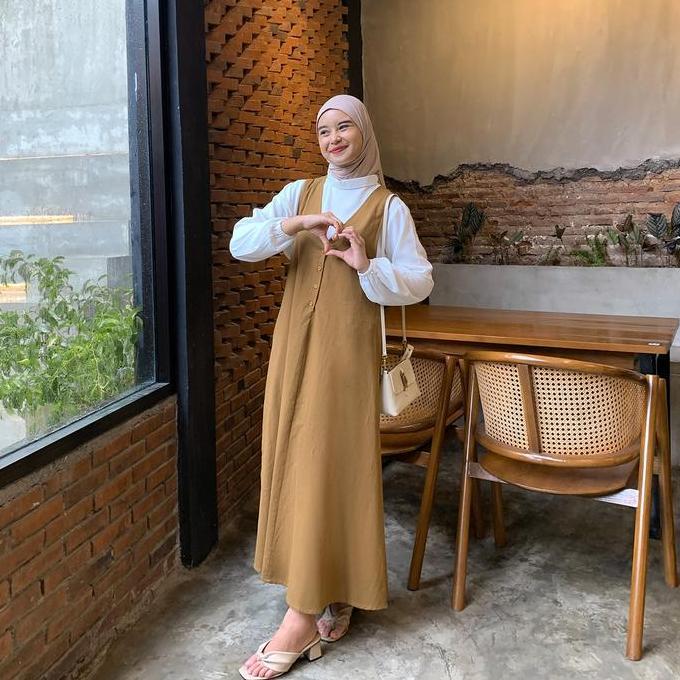 Murah Yeppuoutfit Jiyeon Overall Long Dress - Outer Jumpsuit Basic Long Dress Muslim Berbahan Linen 