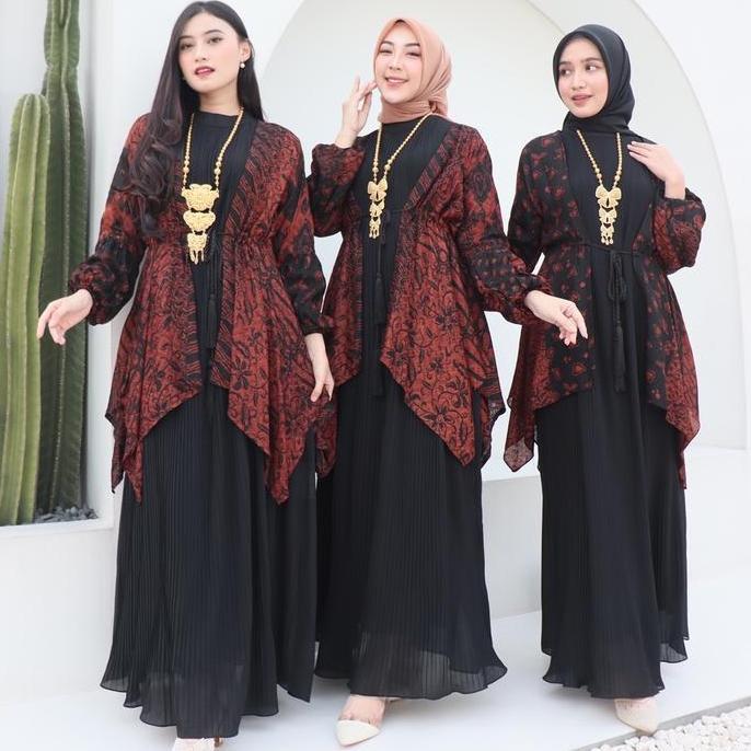 Promo Set Gamis Kavira Etnik Baju Kondangan Premium Iner Dress Plisket Ceruti Armani Outer Viscose S