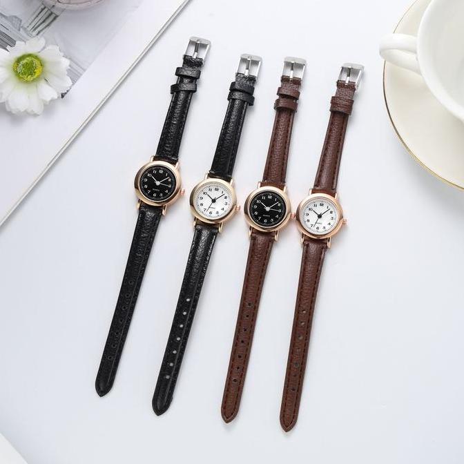 Jam Tangan Pria Wanita Bulat Bisnis - Tali Kulit Tipis Sederhana Quartz - Warna Hitam-Putih