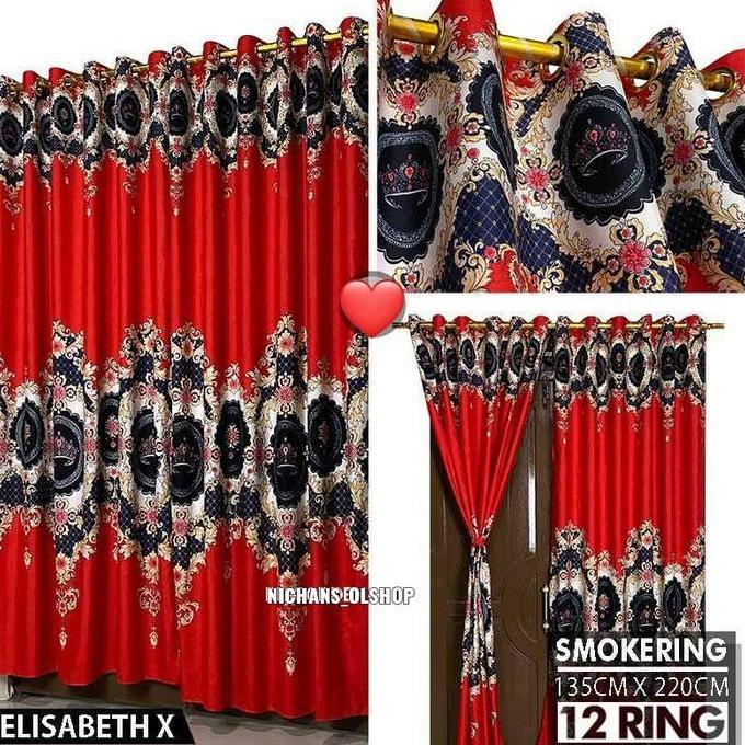 Promo Gorden Smokring 12 Ring Motif Sultan Merah Batik Mewah // Gorden Pintu Jendela Motif Batik Sul