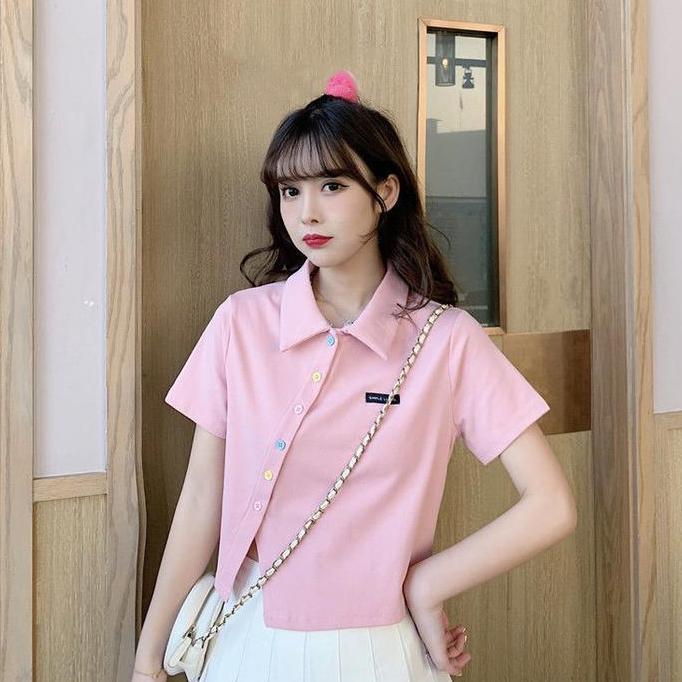 Kaos Polo Pendek Wanita Atasan Ramping Pinggang Tinggi Korea Kerah Panjang Baju