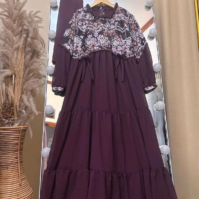 Delisha Gamis Muslim Hijab Anak Perempuan Bahan Ceruty Babydoll mix Katun Bordir/ Gamis Anak usia 3 