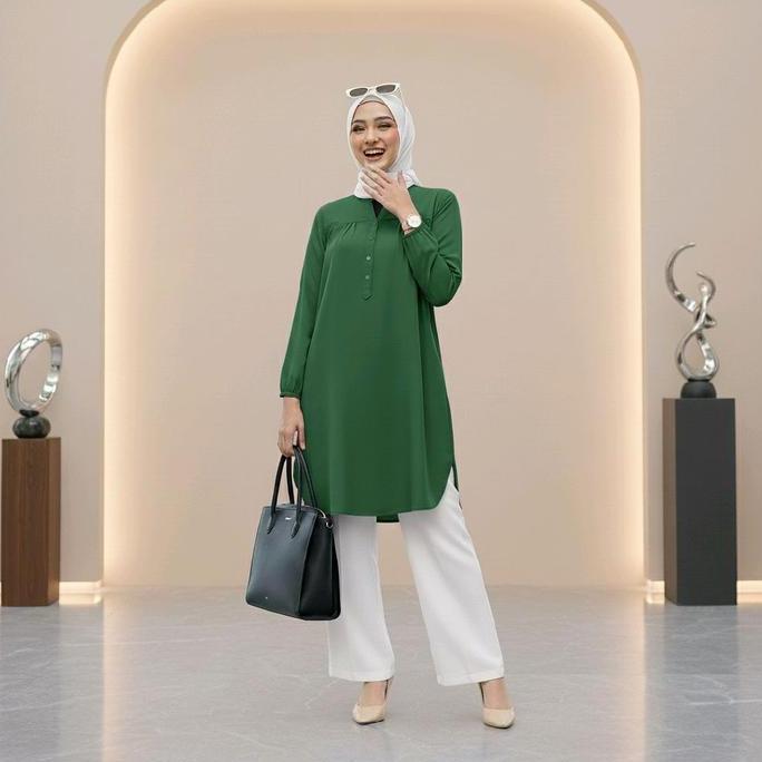 Tunik Wanita Lengan Panjang Katun Viscose Hijau Botol Size L-6L Nyaman Busui Friendly Tunik Polos Ad