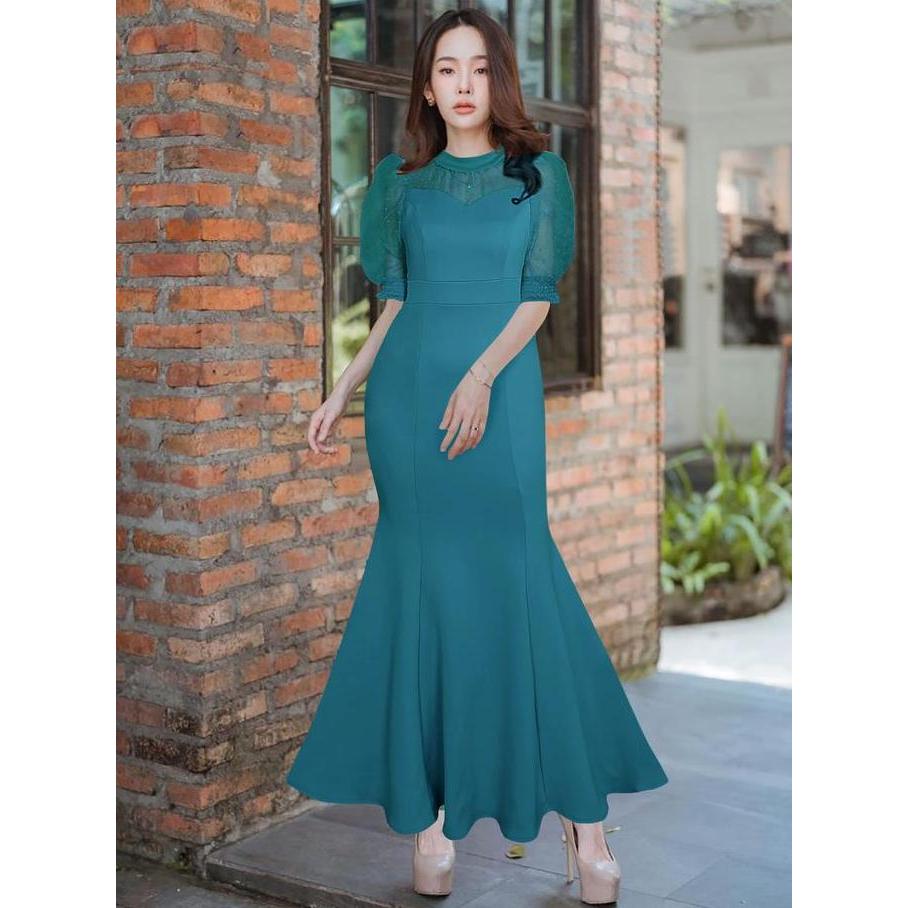 LooWear- Dress Pesta Wanita Mewah Elegan Lengan Puff Tile 3/4 Rok Duyung Mermaid Bahan Scuba Premium