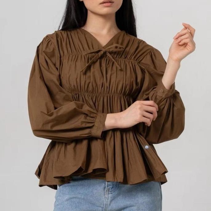 Berkualitas Mireya Blouse Kerut Dada Lengan Panjang Bahan Rayon Atasan Wanita Terbaru Baju Muslim