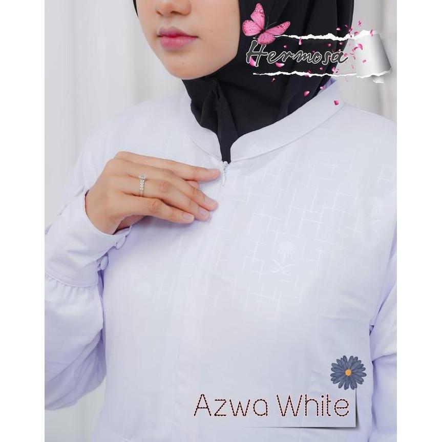 Promo [Gamis Hermosa]Gamis Hermosa Bahan Wolfis Embos Motif Azwa Putih-Gamis Manasik Haji-Gamis Umro