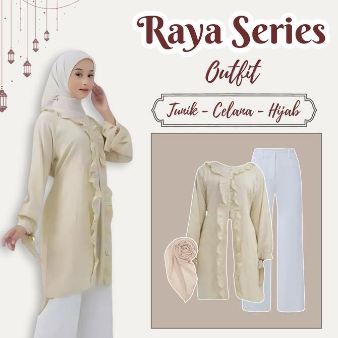 Murah Hijab Style Outfit (Long Tunik - Celana Scuba - Hijab Segiempat) Raya Casual Tunik Set 3In1 - 