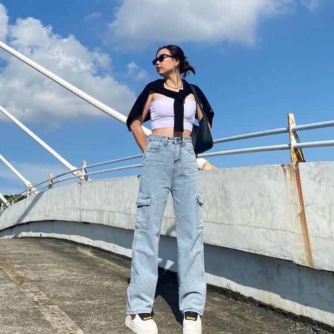 Grade Ori Celana Highwaist Cargo Jeans Wanita Loose Panjang