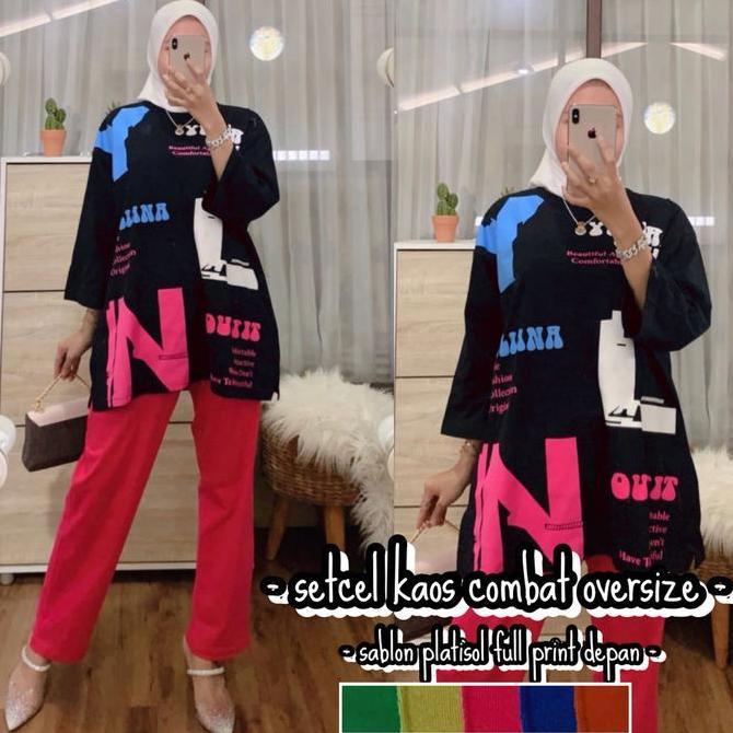 Cantek- Setelan Super Jumbo One Set Wanita Kekinian Kaos Combed Full Sablon