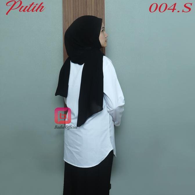 Murah Kemeja Tunik Putih Tanpa Kerah Saku Kantong Depan Polos Wanita Shanghai Panjang Jumbo Premium 