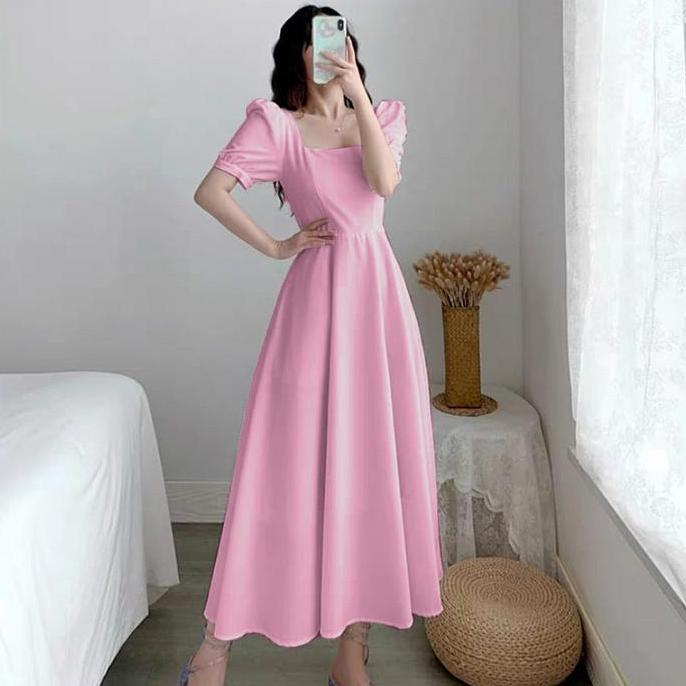 Murah  Fg01 Dress Wanita Polos Bahan Moscrepe / Dress Leher Kotak / Dress Bodycone / Dress Putih Cas