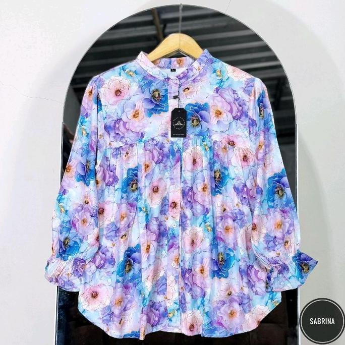 (BEST SELLER) SANIA Alisa Blues Kemeja Wanita Rayon Motif Bunga Elegan dan Nyaman untuk Tampilan Har
