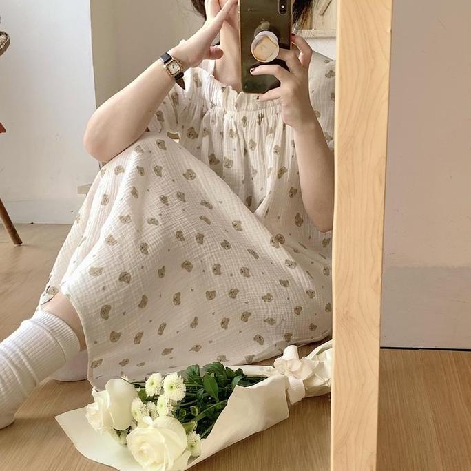 Premium Baju Tidur Wanita Taemo Dress Sleepwear Daster Motif Bear Lucu Rok Tidur Kekinian Lengan Pen