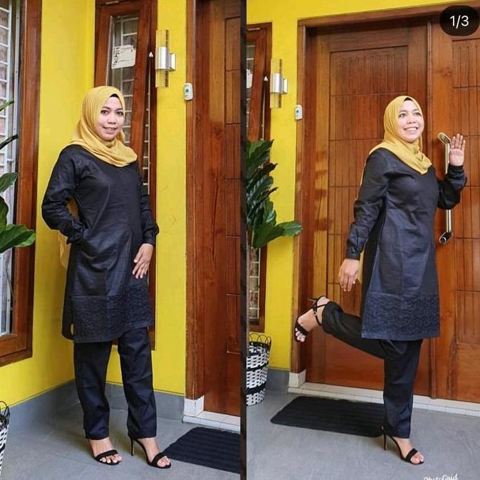 Sale Setelan Hitam Polos Bordir/Setelan Hitam/ Muslim/ Wanita/ Katun/Tunik/ Baju