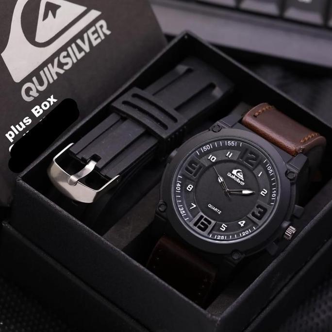 Wgwg- Jam Tangan Pria Tali Kulit Quiksilver Free Strap Rubber + Box Jam Tangan