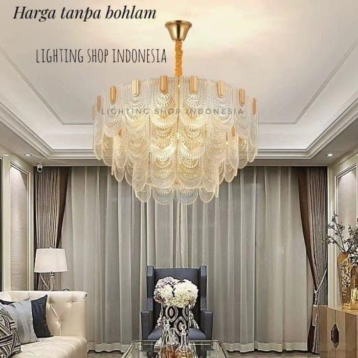 Lampu gantung kristal bulat kaca plafon gantung 16 lampu gold 3 susun