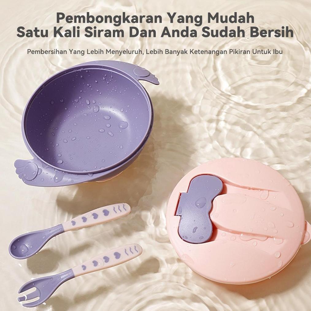 NEW Tempat makan bayi mangkok sekat set tutup sendok garpu dan suction silicone anti tumpah