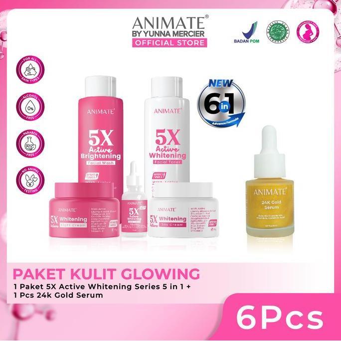 Cod,Bisa- Paket Kulit Glowing (Animate 5X Active Whitening Series 5In1 + 24K Gold Serum)