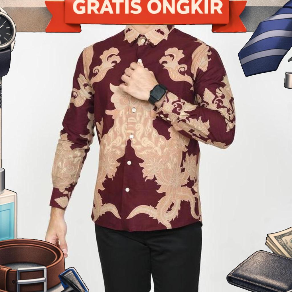 Kemeja Batik Pria Slim Fit Baju Batik Pria Slim Fit Lengan Panjang Merah Gold Acs 348