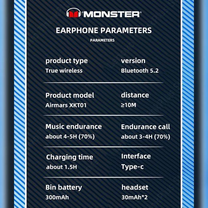 Headset Earphone Monster Xkt01 Bluetooth Tws True Wireless Stereo Gaming Original