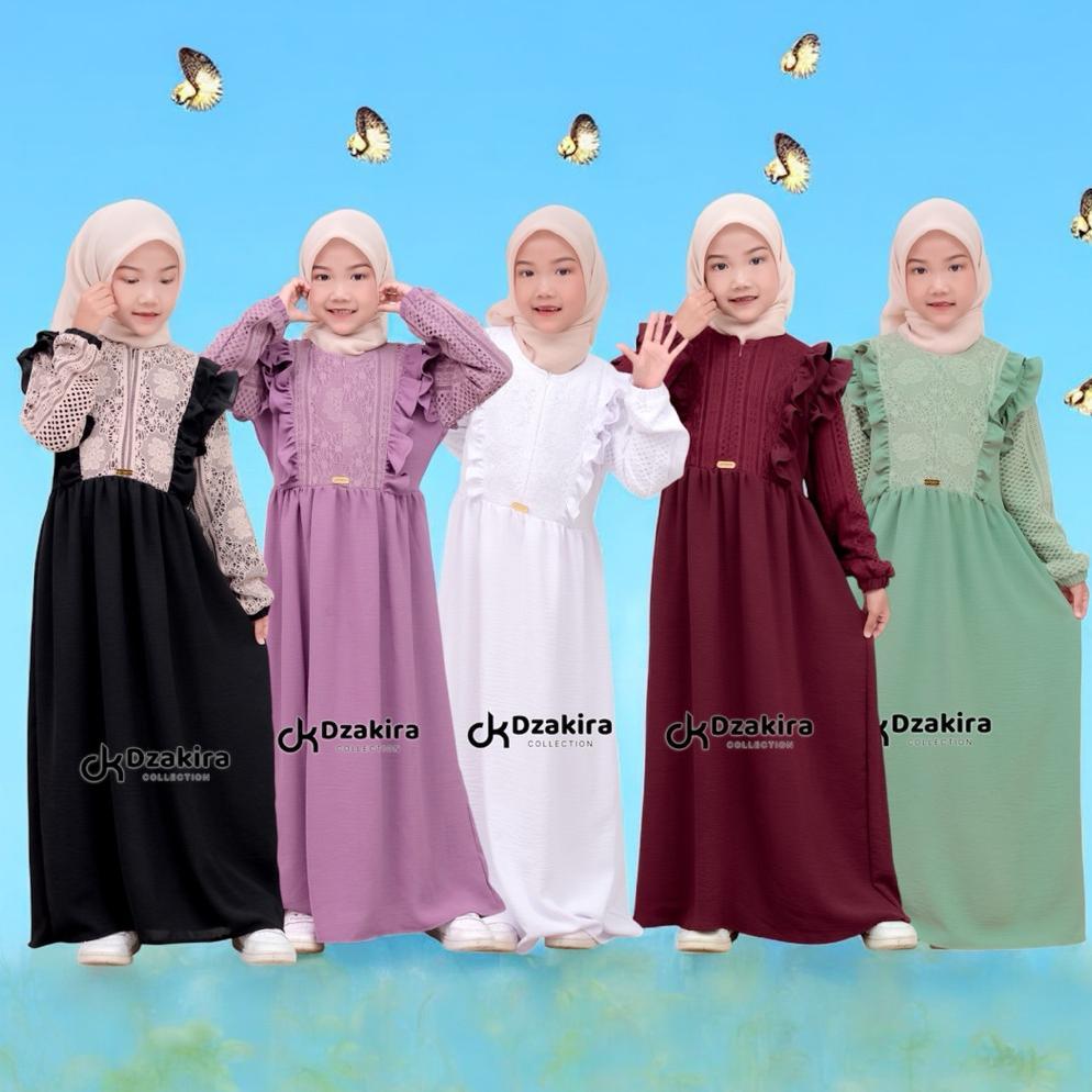 PREMIUM DZAKIRA COLLECTION GAMIS ANAK PEREMPUAN BAJU MUSLIM CRINKLE MIX BROKAT MALIKA USIA 1-12 TAHU