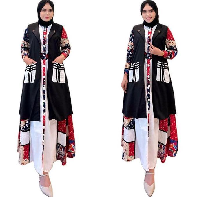 Promo Gamis Set Rompi Katun MON Polos Cokelat Hitam Polka Dot - Fashionable dan Elegant one cardigan