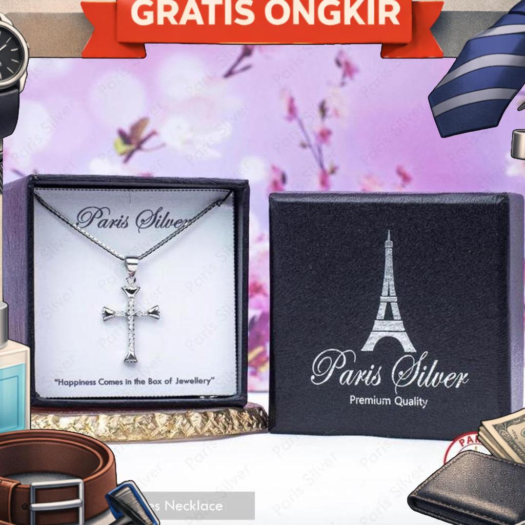 Kalung Salib Perak Asli Permata Silver 925 Lapis Emas Putih Wanita Cewek Bandul Salip