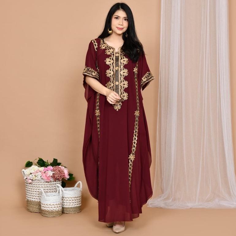 terbaru baju kaftan wanita terbaru 2022 lebaran full bordir warna hitam putih merah maroon untuk pes