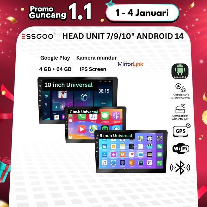 ESSGOO Head Unit Android 14 mobil 4G+64G  7/9/10 Inch 2 Din Kontrol Suhu Cerdas IPS Layer Mobil Navi