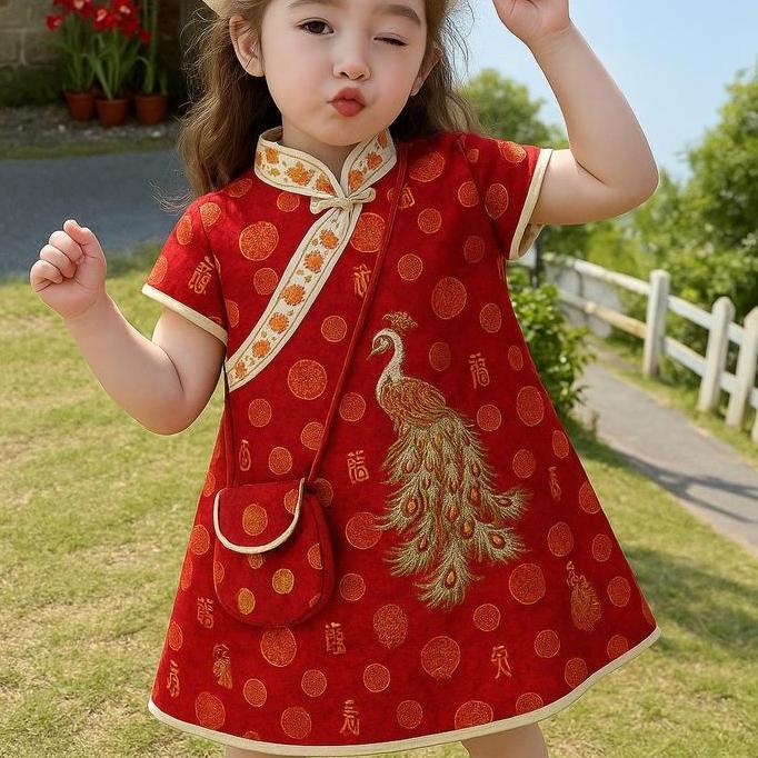 DV155 - DRESS CINA CHEONGSAM MOTIF BURUNG MERAK ANAK PEREMPUAN LUCU/BAJU CINA DRESS ANAK MODEL TERBA