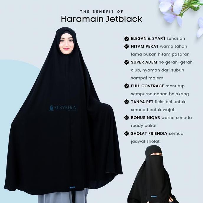 Terpopuler- Set Khimar Syari Haramain Non Pet Niqab Bandana Jetblack Alsyahra Exclusive Long Hijab J